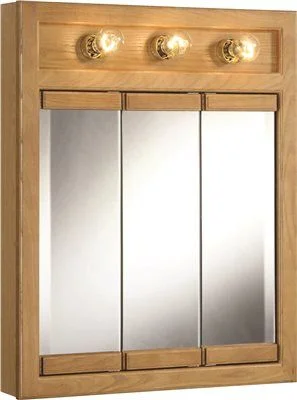 Track lighting for creating a focal pointDesign House Richland Nutmeg Oak Lighted Tri-View Wall Cabinet Mirror With Three Doors' 24 In. X 30 In. Track lighting for creating a focal pointDesign House Richland Nutmeg Oak Lighted Tri-View Wall Cabinet Mirror With Three Doors' 24 In. X 30 In.