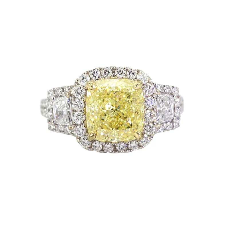 18K Yellow and White Gold 3.42ct Yellow Diamond and Diamond Three-Stone Engagement Ring